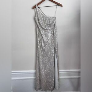 Maniju silver sequin one shoulder Maxi dress L